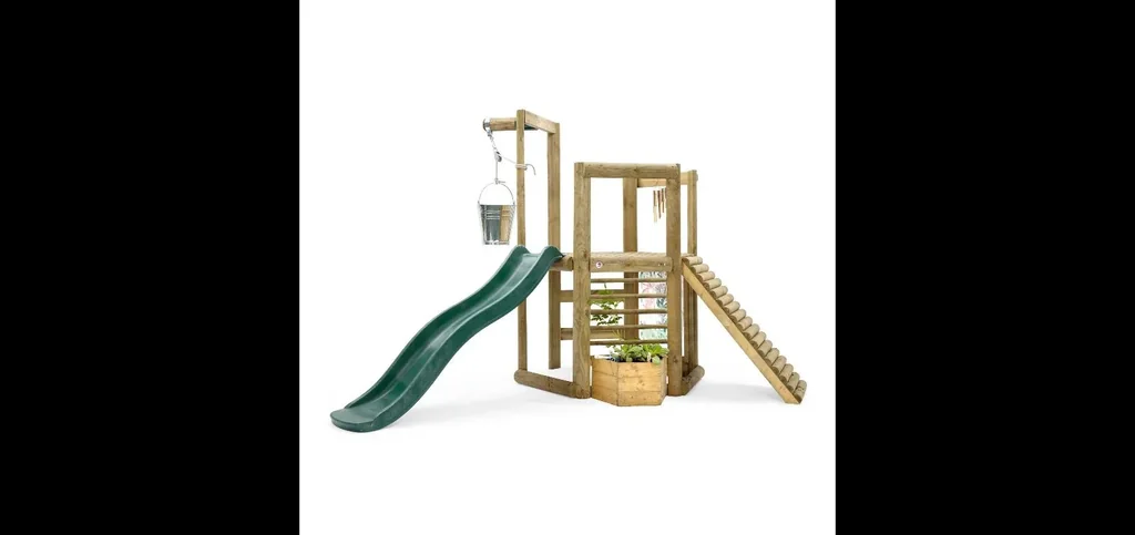 Discovery Spielhaus Outdoor-Spielhaus für Kinder aus Holz, Kletterrampe, Rutsche, Pflanzkübel, Malscheibe, natur