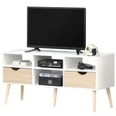Fernsehtisch Fernsehschrank mit 2 Schublade TV-Board Spanplatte Massivholzbeine Weiß+Eiche 117 x 39 x 57 cm