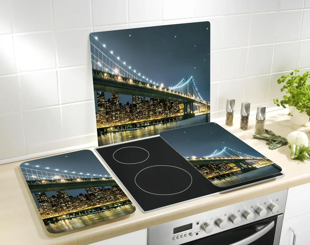 3 in 1 Herd-Abdeckplatten, Schneidbretter, Arbeitsplatten, Glas, Brooklyn Bridge-Design, je 52 x 30 cm, 2er-Set