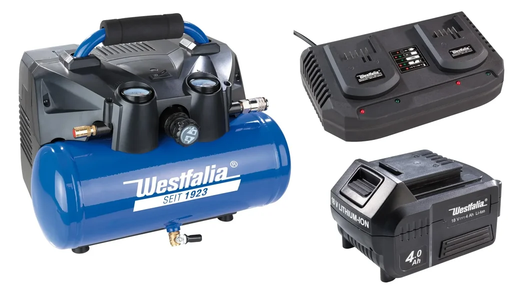 Akku-Druckluftkompressor-Set, 2x18 Volt-4 Ah, 1x Dippel-Schnellladegerät