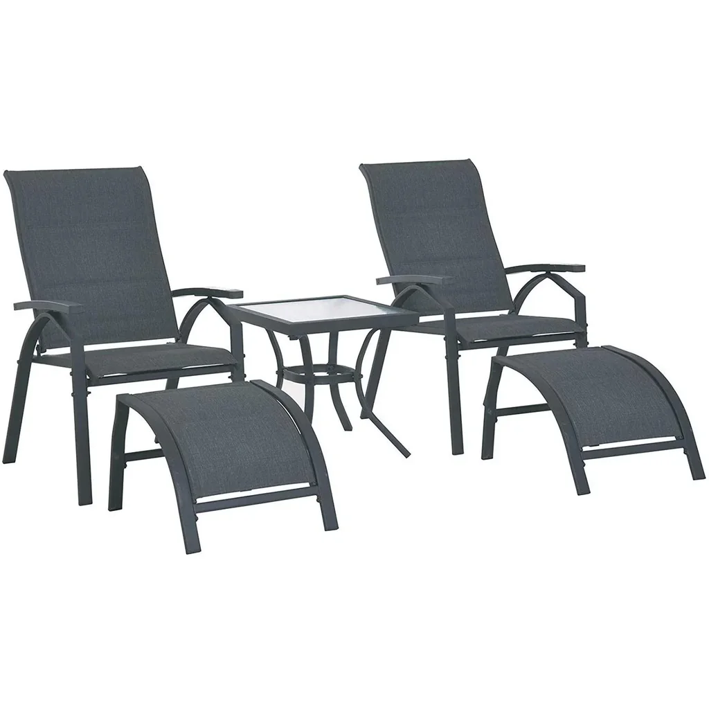 5-tlg, Gartengarnitur Gartensitzgruppe Gartentischset Gartenliege gepolstert Metall + Textilene Grau 2 x Sessel 2 x Hock