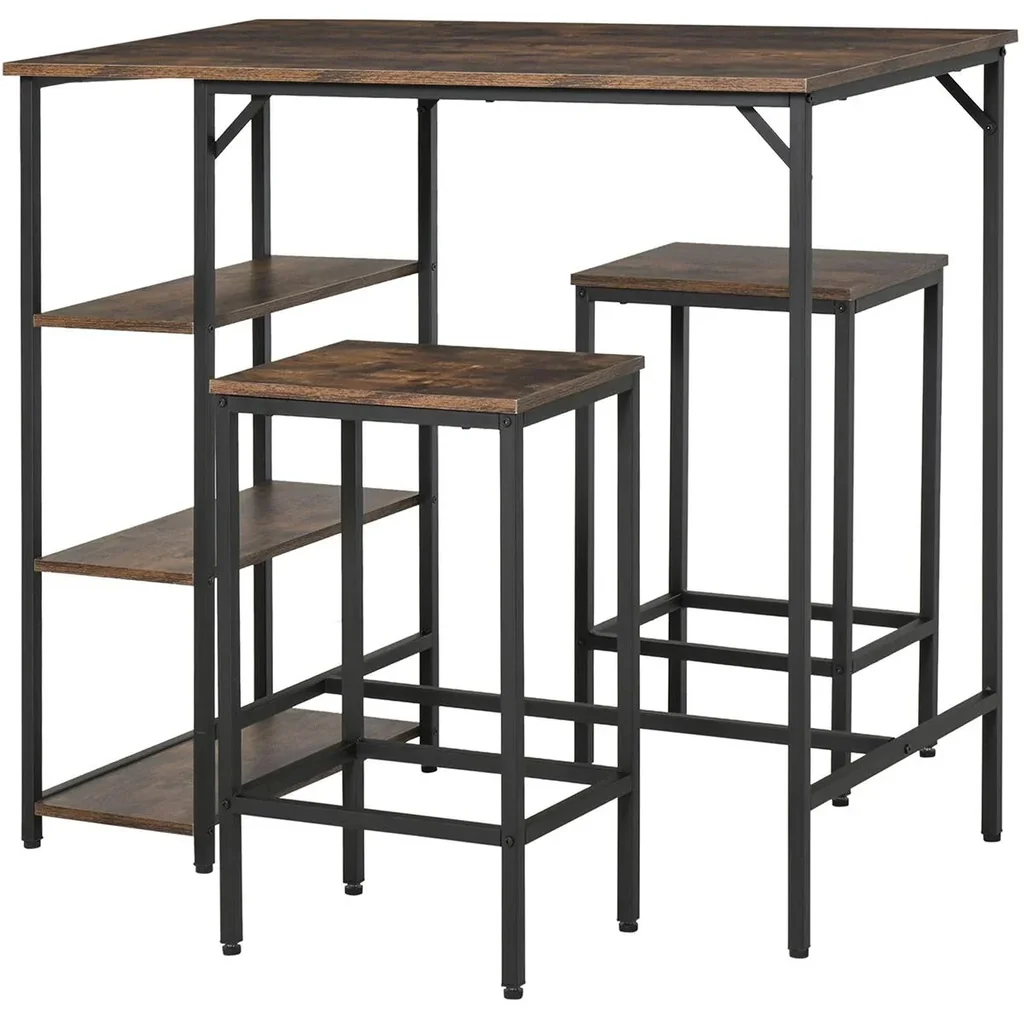 Bartisch-Set Stehtisch mit 2 Barhockern 3-teiliges Tischset Küchentresen mit Regale Spanplatte Stahl Rustikales Braun+Sc