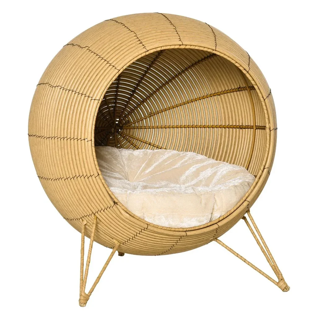 Rattan Katzenhöhle Katzenhaus mit Kissen und erhöhten Füßen PE-Rattan Hellbraun Ø52 x 58 cm