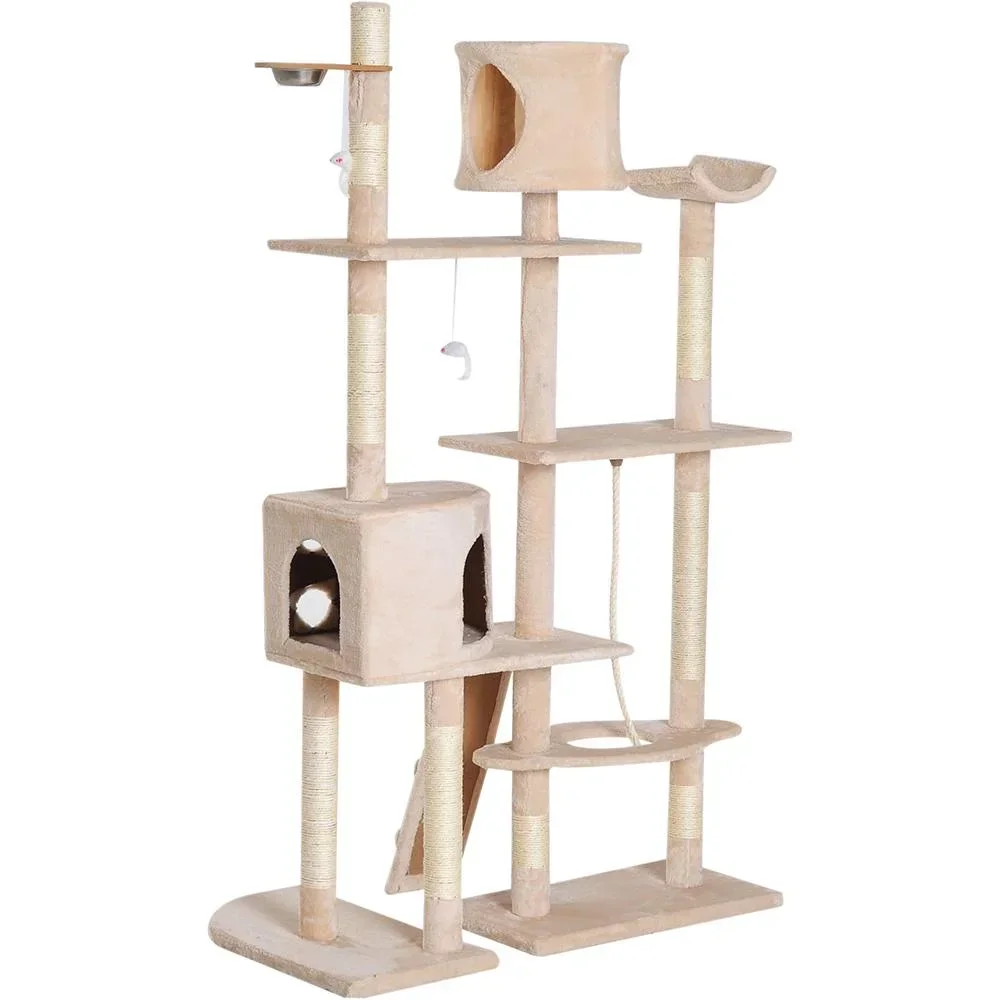 Kratzbaum Katzenbaum Kletterbaum Futterschale Leiter Beige L150 x B60 x H170 cm
