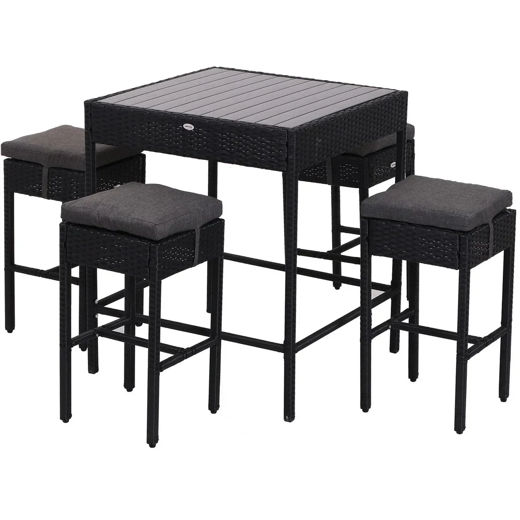 5-teilige Essgruppe Sitzgruppe Esstisch Bistrotisch Bartisch Gartentisch Metall + Polyrattan Schwarz mit 1 Tisch + 4 Hoc