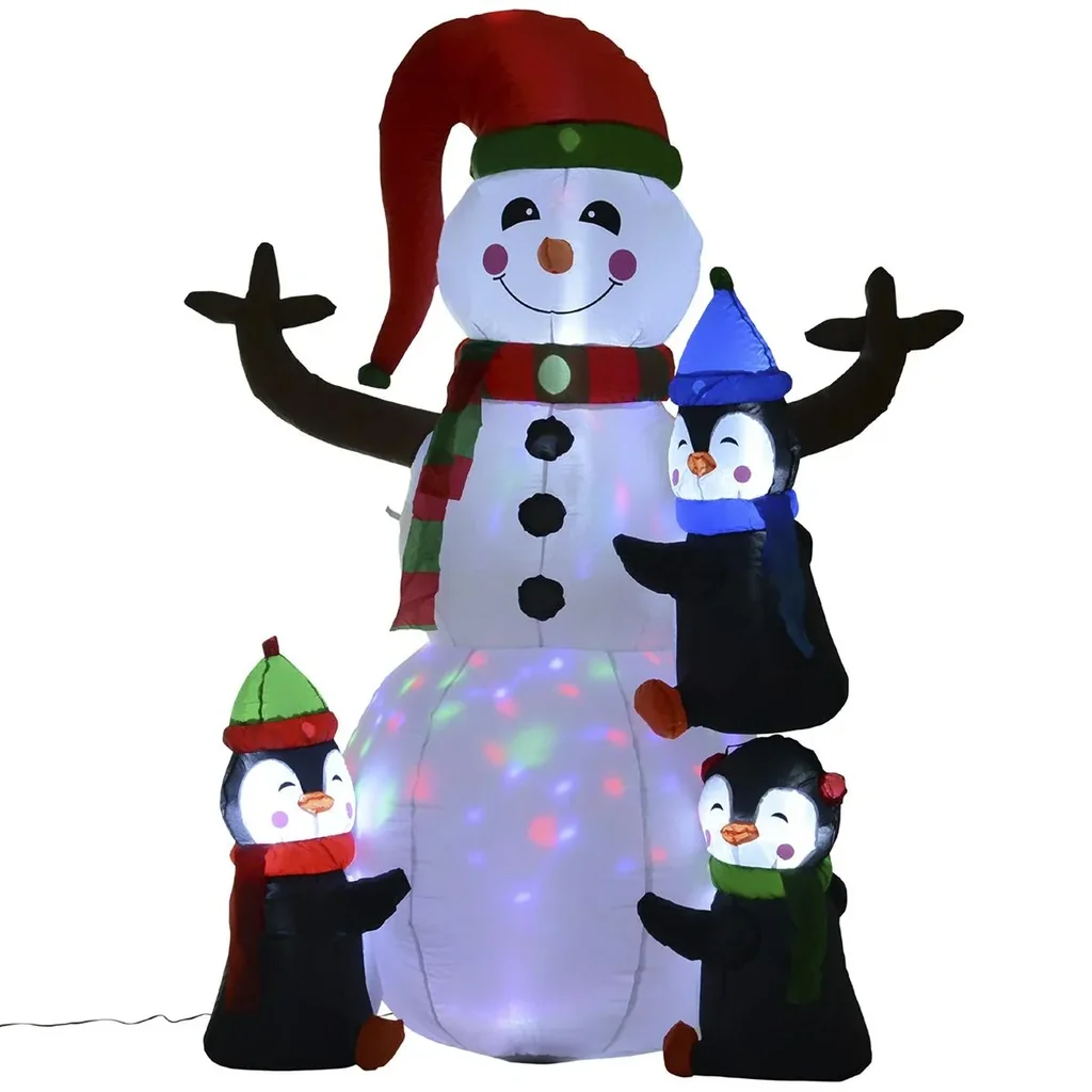 Aufblasbarer LED Schneemann mit 3 Pinguinen bunt