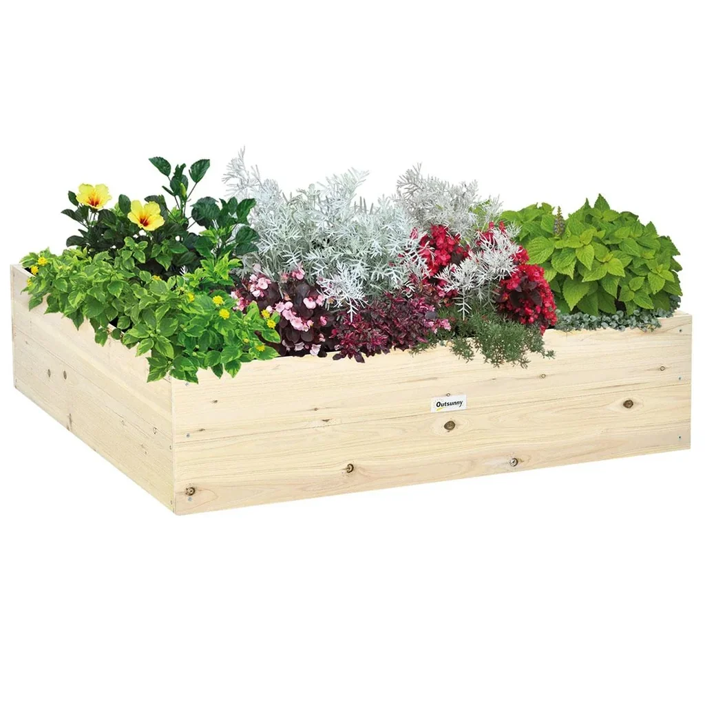 Hochbeet aus Holz Gartenbeet mit Vliesstoff Pflanzkübel Pflanzkasten Kräuterbeet für Balkon Garten Natur 117 x 117 x 30