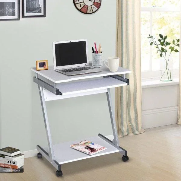 Schreibtisch Computertisch Bürotisch Rollbar mit Tastaturauszug Spanplatte, Stahl Weiß