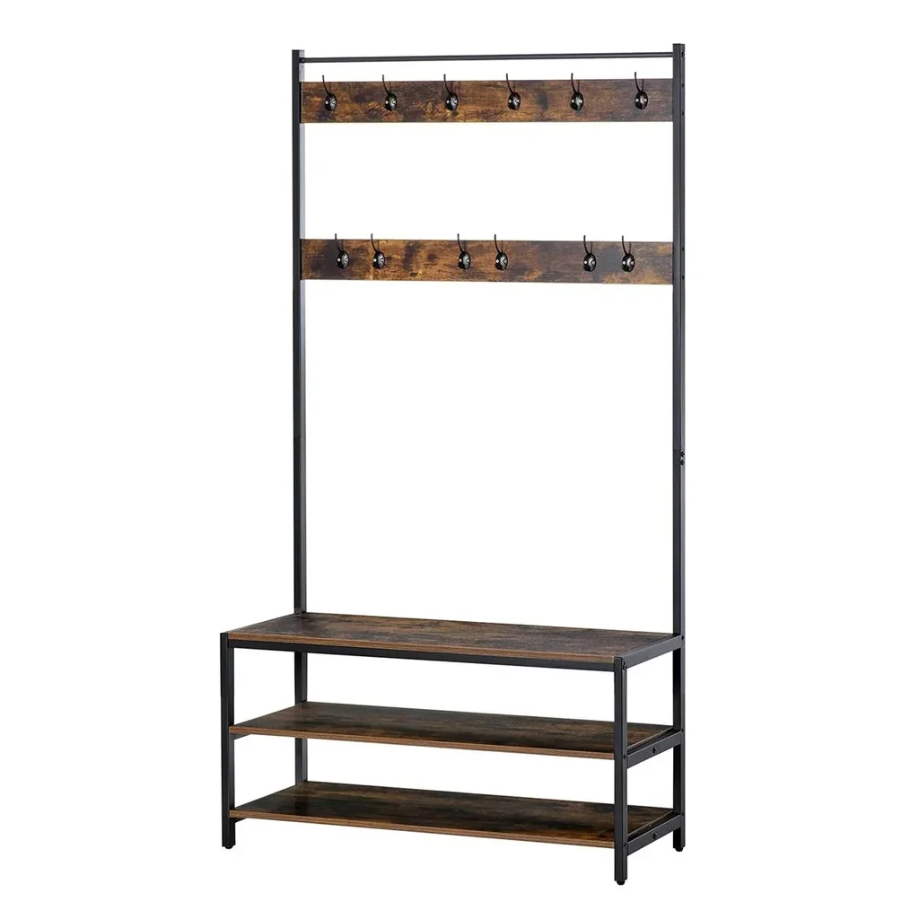 Garderobenständer mit 12 Haken und Schuhregal Kleiderständer Wandgarderobe Stahl Braun+Schwarz 100 x 40 x 184 cm