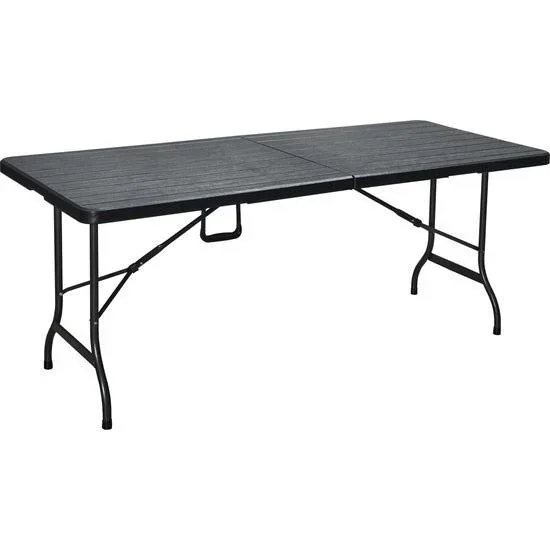 Kunststoff-Camping-Tisch Klapptisch - Woodlook Schwarz - 179x74x72,5 cm - Aluminiumgestell