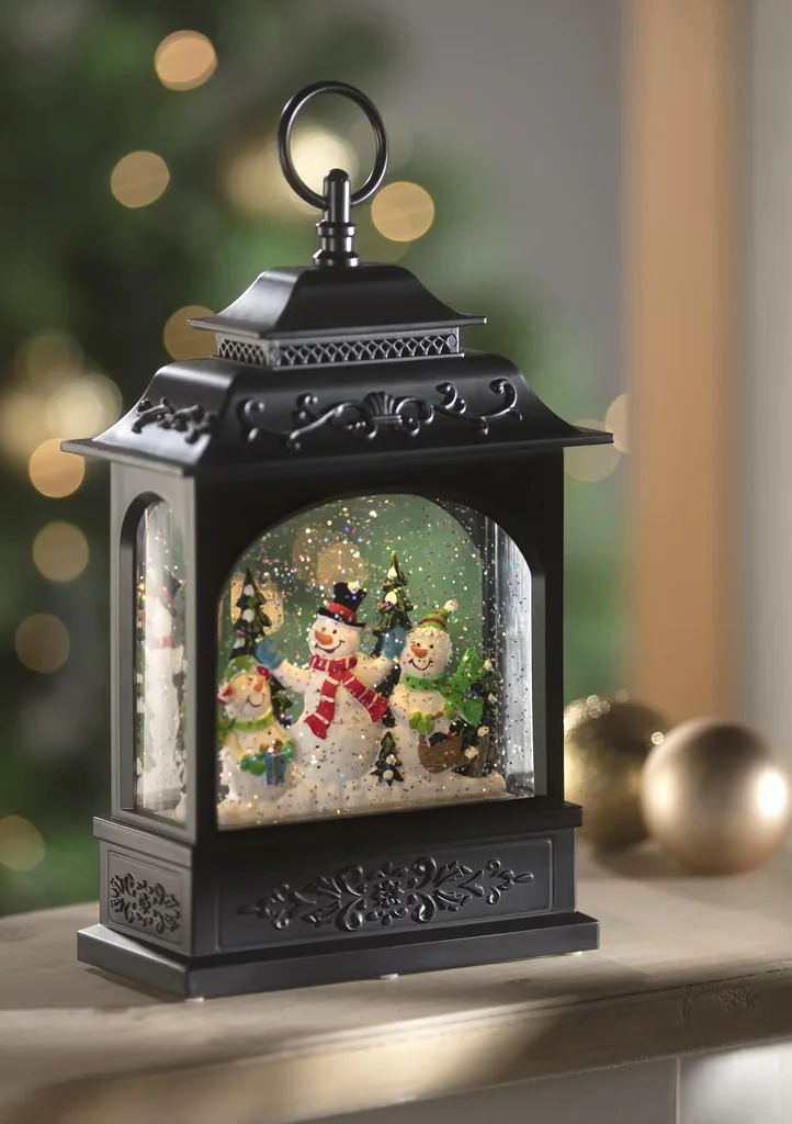Weihnachtslaterne mit Schneemannmotiv, Licht , Musik und Schneefalleffekt