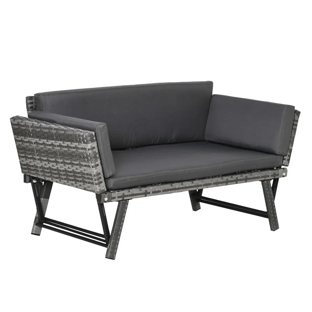 Poly Rattan Gartenbank 2 Sitzer Gartenmöbel Lounge Sofa Klappbare Armlehnen Stahl Grau 129 x 66 x 67 cm