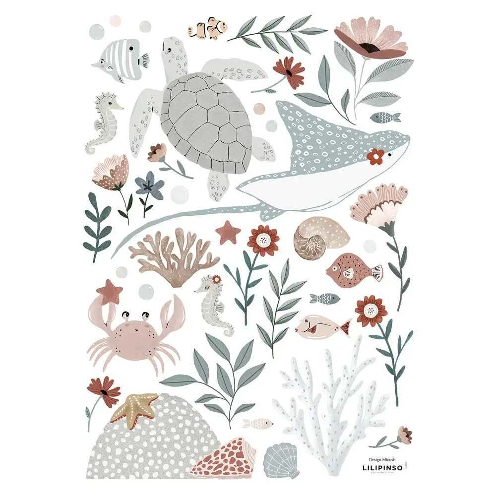 Lilipinso Wandsticker A3 Unterwassertiere graublau rosa