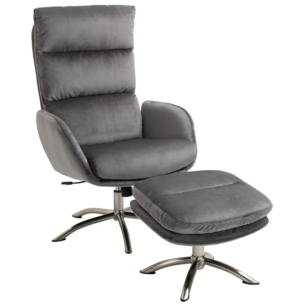 Relaxsessel mit Hocker Fernsehsessel mit Wippenfuntion Stahl Samt Grau+Silber 68 x 74 x 107 cm