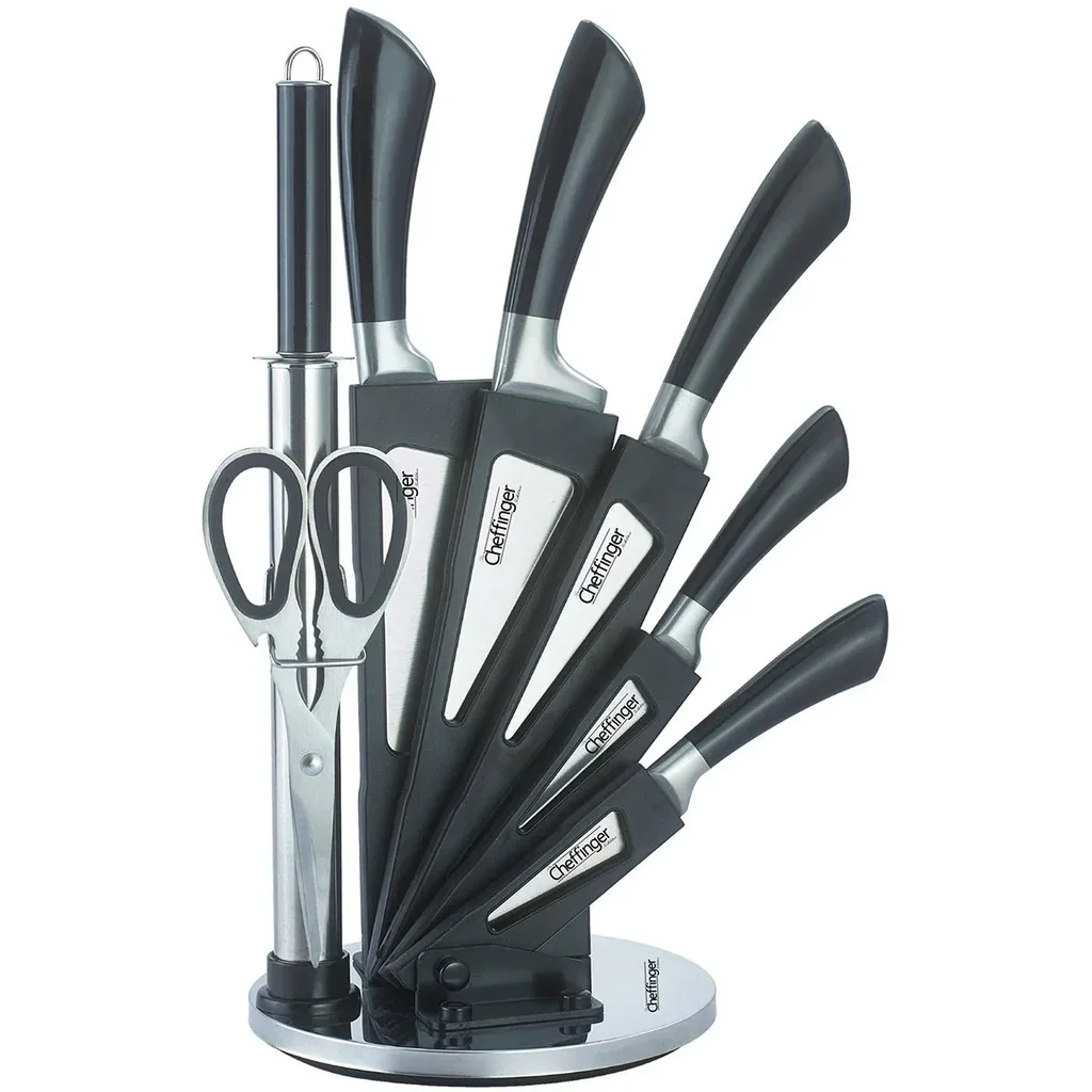 Cheffinger 8-teiliges Messerset mit Ständer - Silber/Schwarz