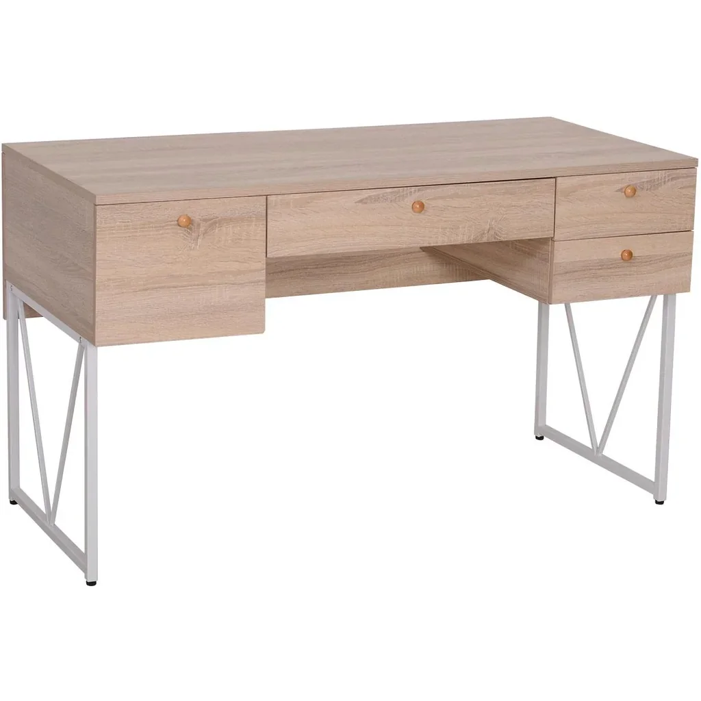 Schreibtisch Computertisch PC Laptop Bürotisch 3xSchublade 1xAblage Holz+Metall Natur+Weiß 130x60x76cm