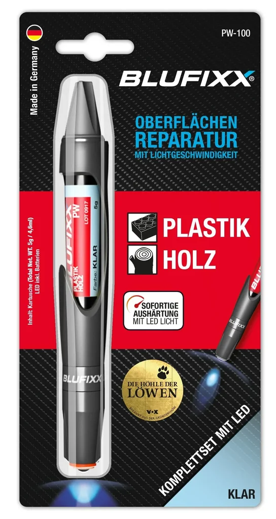 Reparaturstift 5 g für Plastik und Holz inklusive blauem LED-Licht, klar