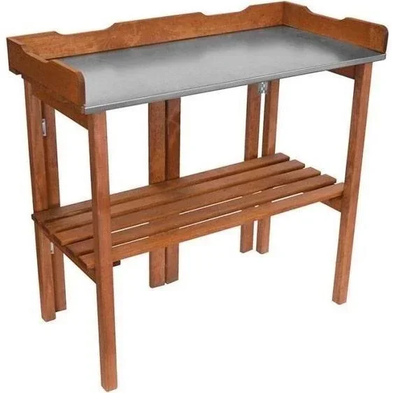 Garten Pflanzgefäß mit Zinkplatte und Holzregal XL - Blumentisch - klappbar - 94 x 40 x 86 cm