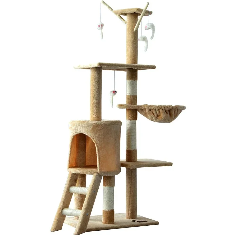 Katzenkratzbaum mit 4 Spielmäusen beige/weiß