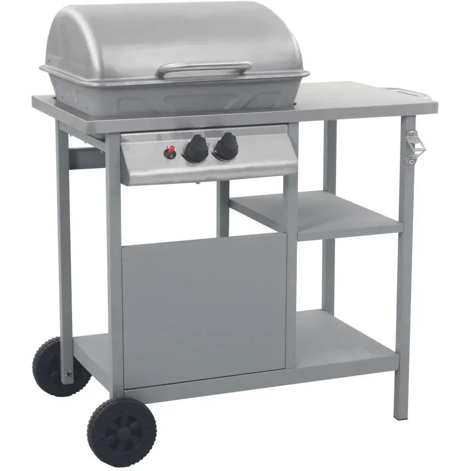 Gasgrill mit 3-lagigem Beistelltisch schwarz und silber