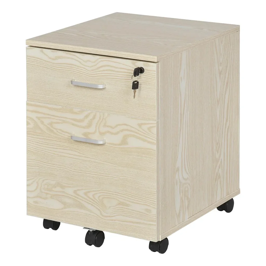 Rollcontainer Aktenschrank mit 2 Schubladen mobil abschließbar 5 Universalräder Spanplatte Natur 40 x 45 x 55,6 cm