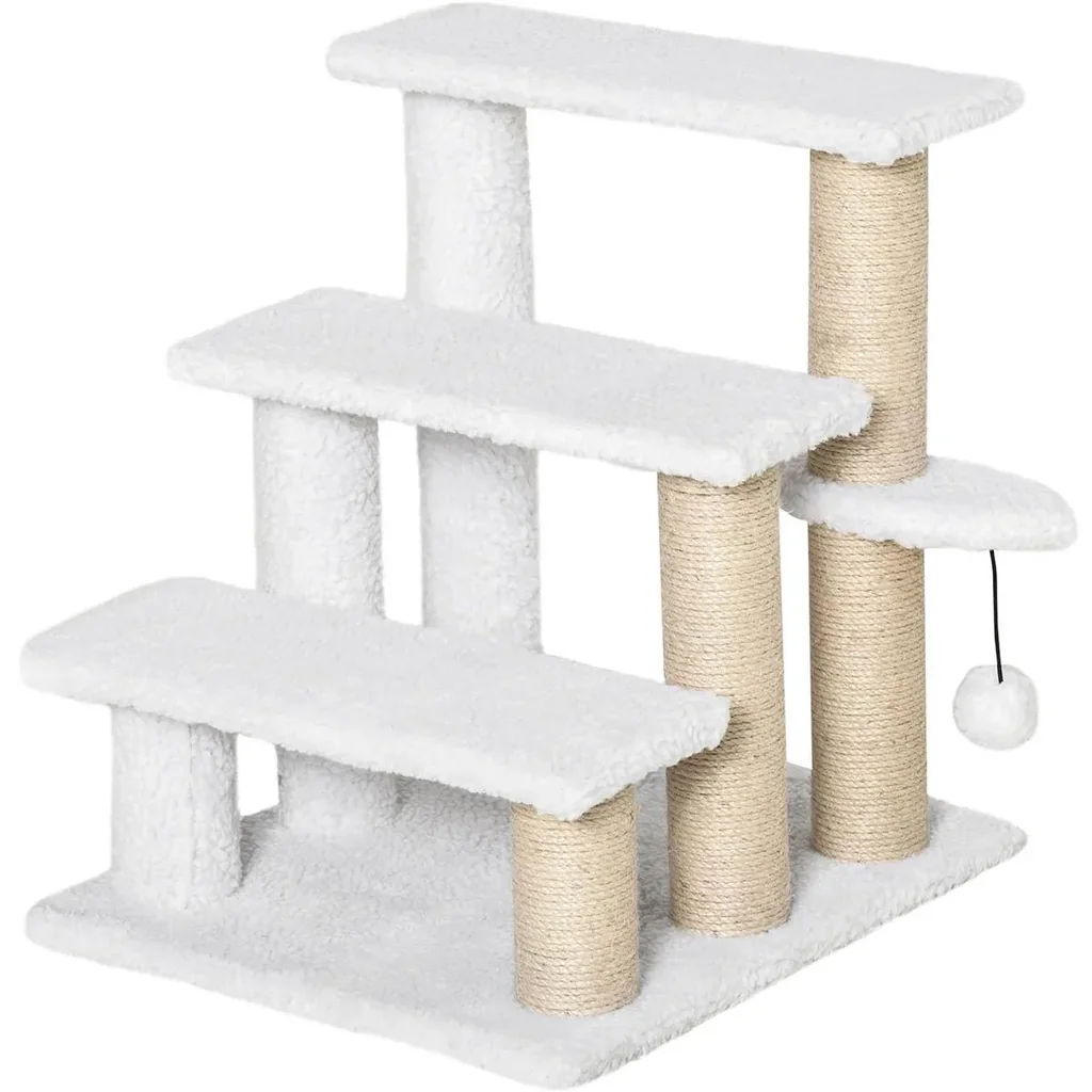 Spielplattform für Katzen - mit Kratzbaum und Spielball - Weiß - 45 x 40 x 48 cm