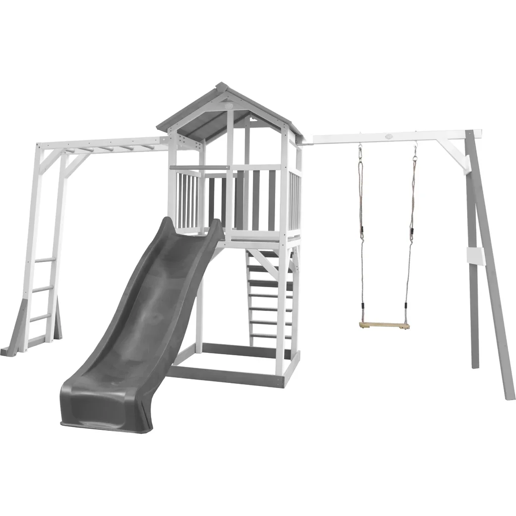 Beach Tower Spielturm mit Klettergerüst und Einzelschaukel - Graue Rutsche