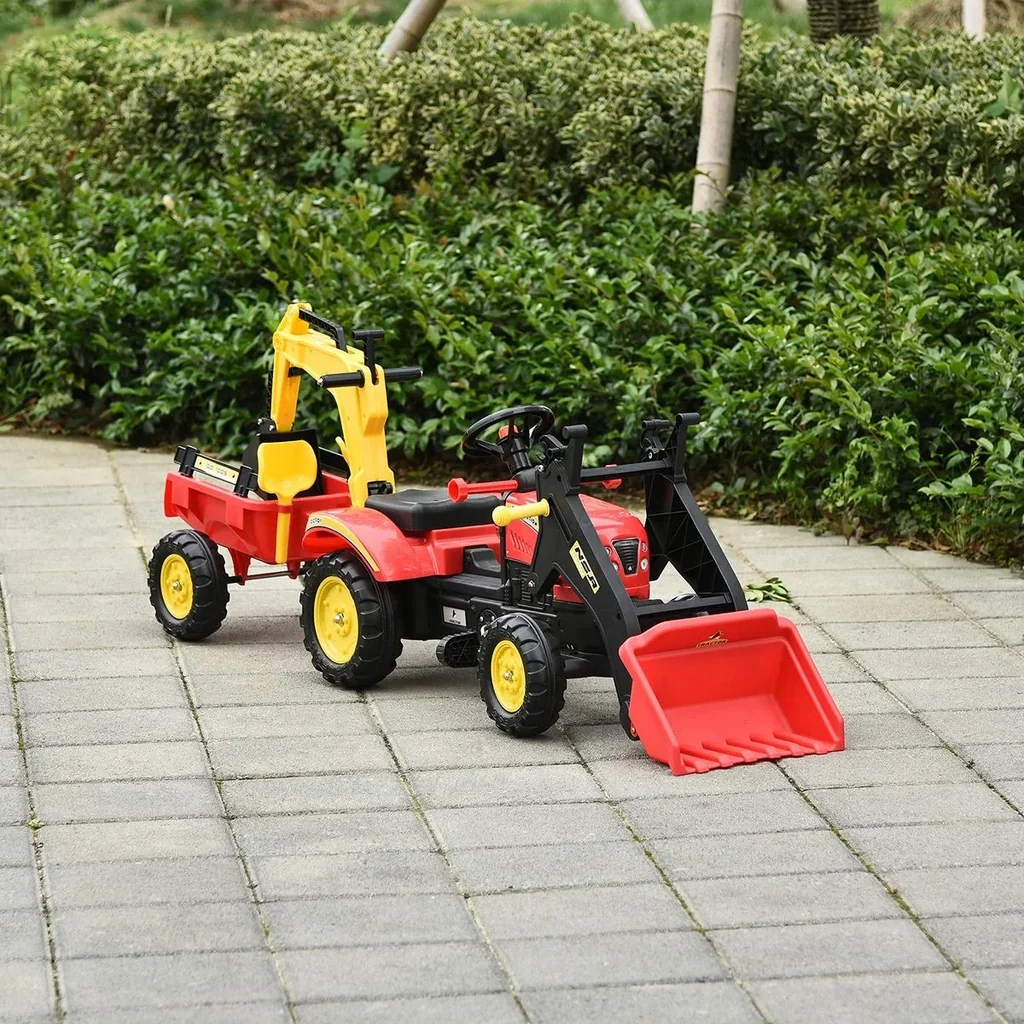 Trettraktor Tretauto Tretbagger mit Fontlader für 3-6 Jahre Bagger Kinder Stahl Kunststoff Rot 179 x 42 x 59 cm
