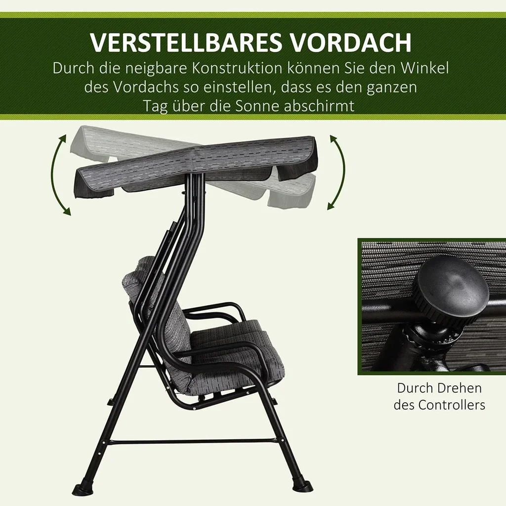 Hollywoodschaukel, 3-Sitzer Gartenschaukel, Verstellbares Sonnendach, Texteline Grau 200 x 120 x 170 cm