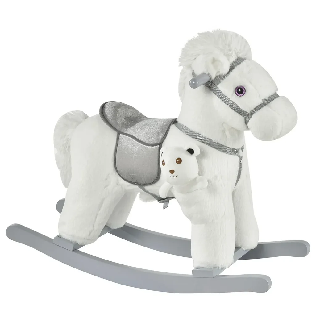 Kinder Schaukelpferd Baby Schaukeltier mit Tiergeräusche Spielzeug Haltegriffe für 18-36 Monate Plüsch Weiß 65 x 26 x 55