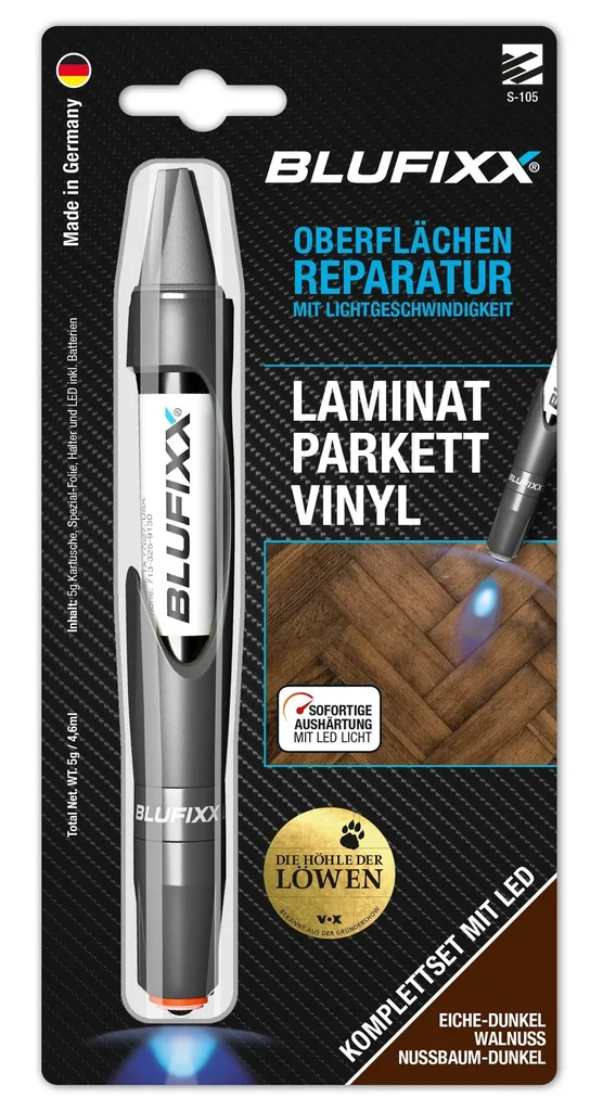 Reparaturstift 5 g PW für Laminat/Parkett/Vinyl inklusive blauem LED-Licht, Eiche dunkel