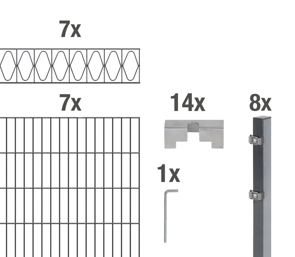 Doppelstabmattenzaun Sets anthrazit mit Dekorelement "Eleganz", Länge: 14 m, Höhe: 140 cm