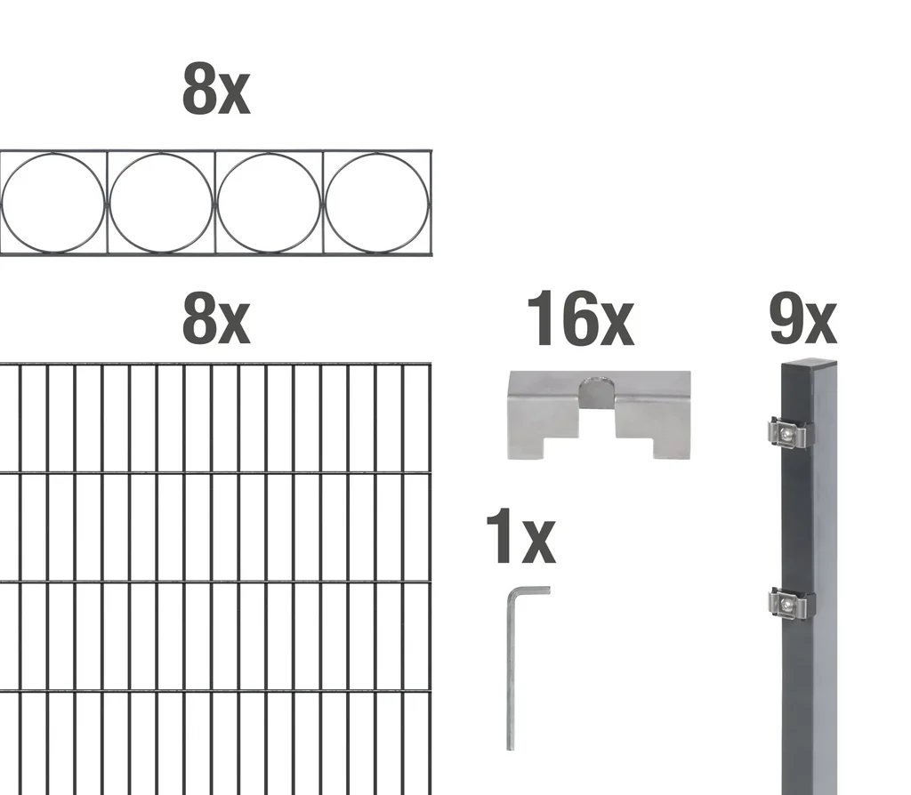 Doppelstabmattenzaun Sets anthrazit mit Dekorelement "Oslo", Länge: 16 m, Höhe: 120 cm