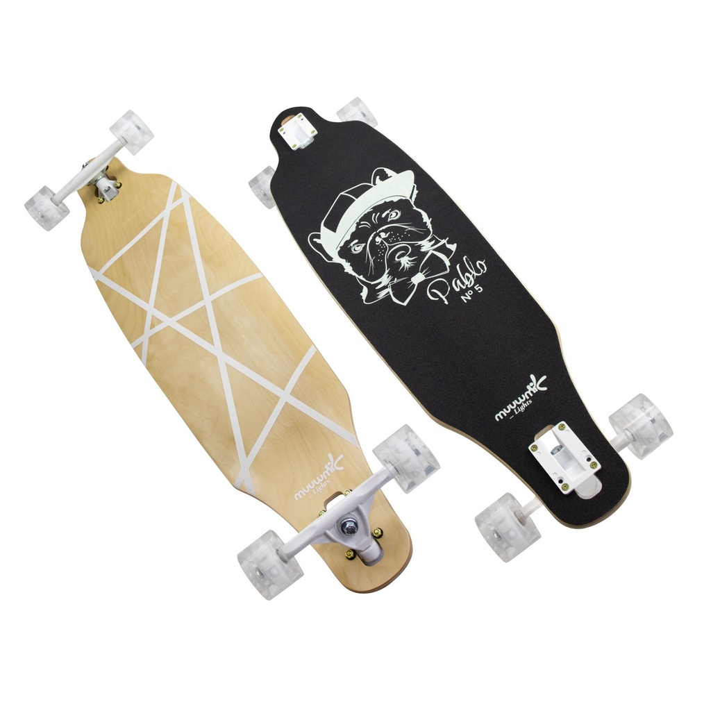 muuwmi Lights Longboard GLOW Pablo mit LED-Rollen - ABEC 7 Board mit Glow in the Dark Funktion, French Bulldog Design