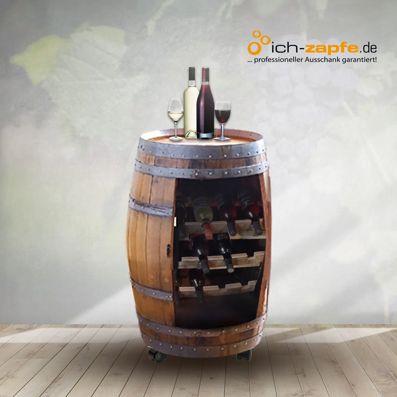 Barschrank, Weinfass bar, Barrel bar - Handgefertigter, für 12 Weinflaschen, aus Barrique-Weinfass 225 Liter