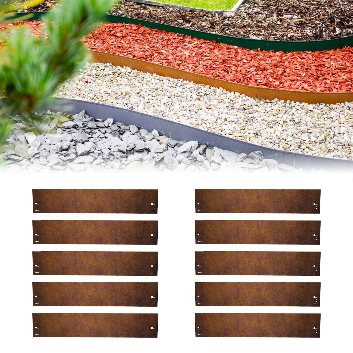 10er Set Rasenkante Cortenstahl 70 cm lang, 13,5 - 18,5 cm hoch, Beeteinfassung, Beetumrandung - Metall feuerverzinkt, Breite: 13.5 cm