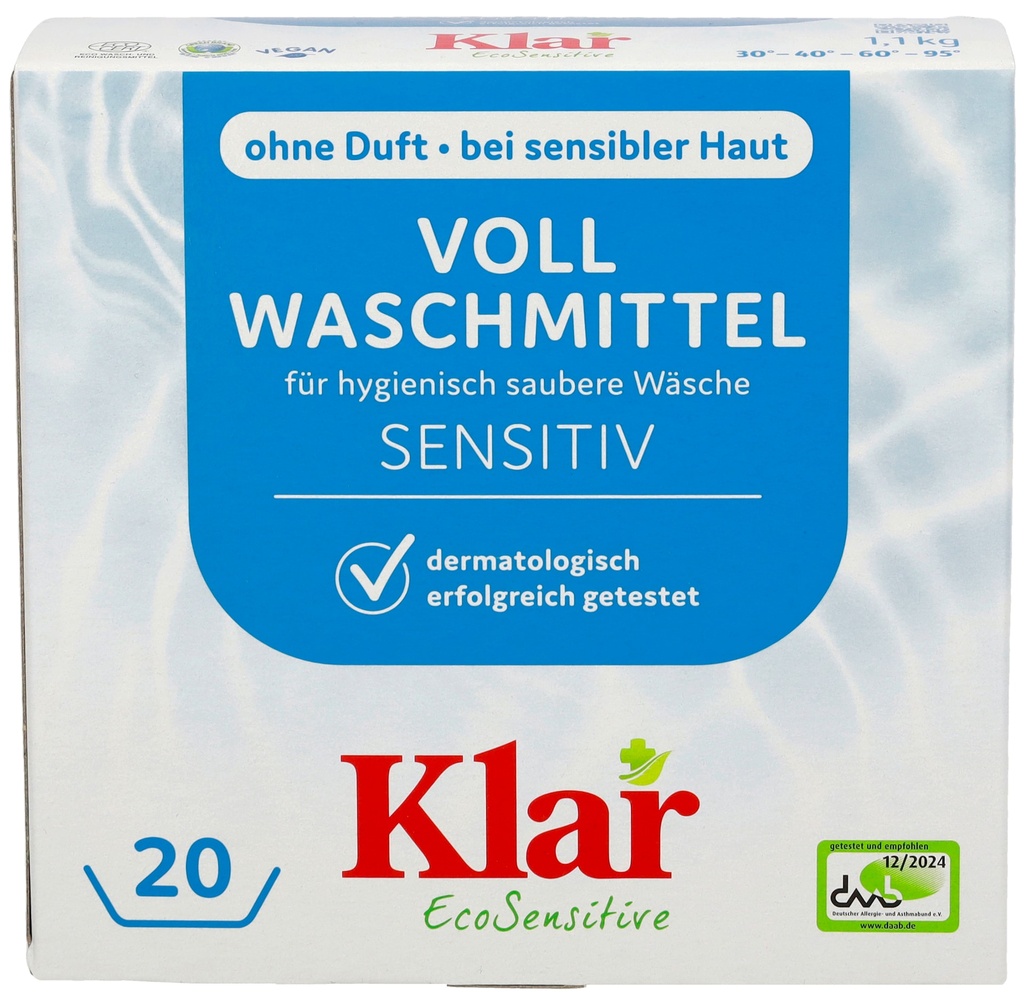 KLAR Vollwaschmittel Pulver 1,1kg mit natürlichem Waschnuss-Extrakt