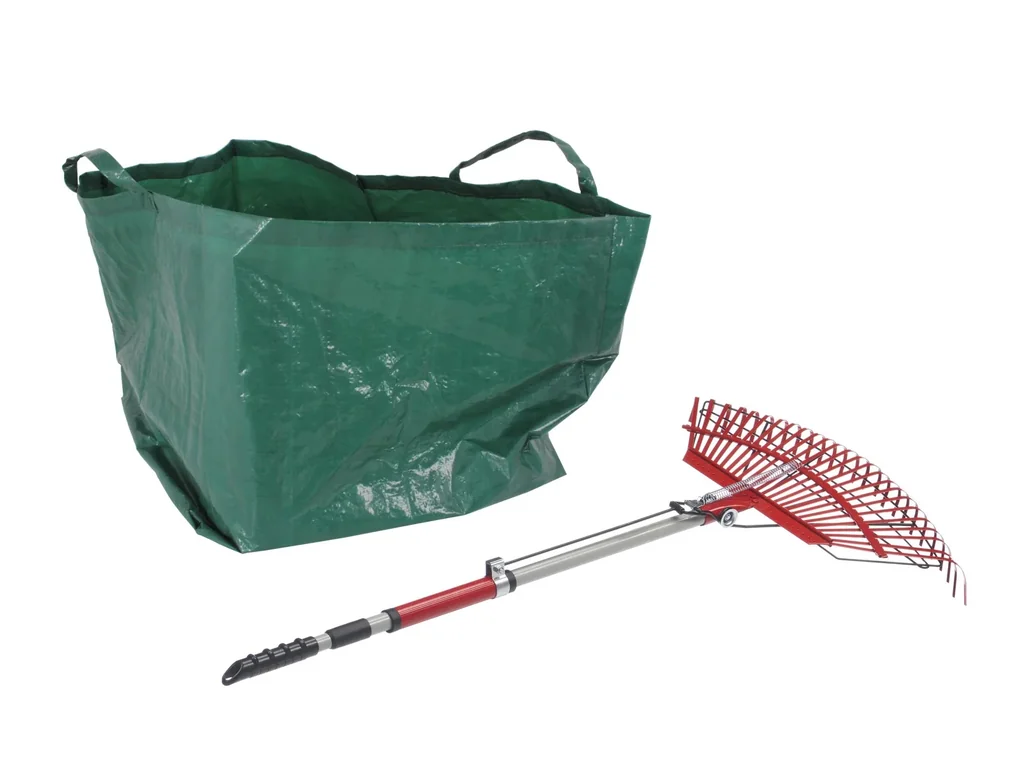 Rasenrechen mit Laubgreifer - teleskopierbar - mit 25 Zinken inklusive Gartensack 140 L