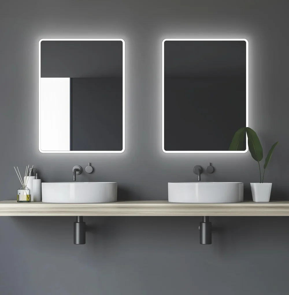 Badezimmerspiegel mit Beleuchtung, "Moon" - 80 x 60 cm - mit umlaufenden Raumlicht - Lichtfarbe neutralweiß