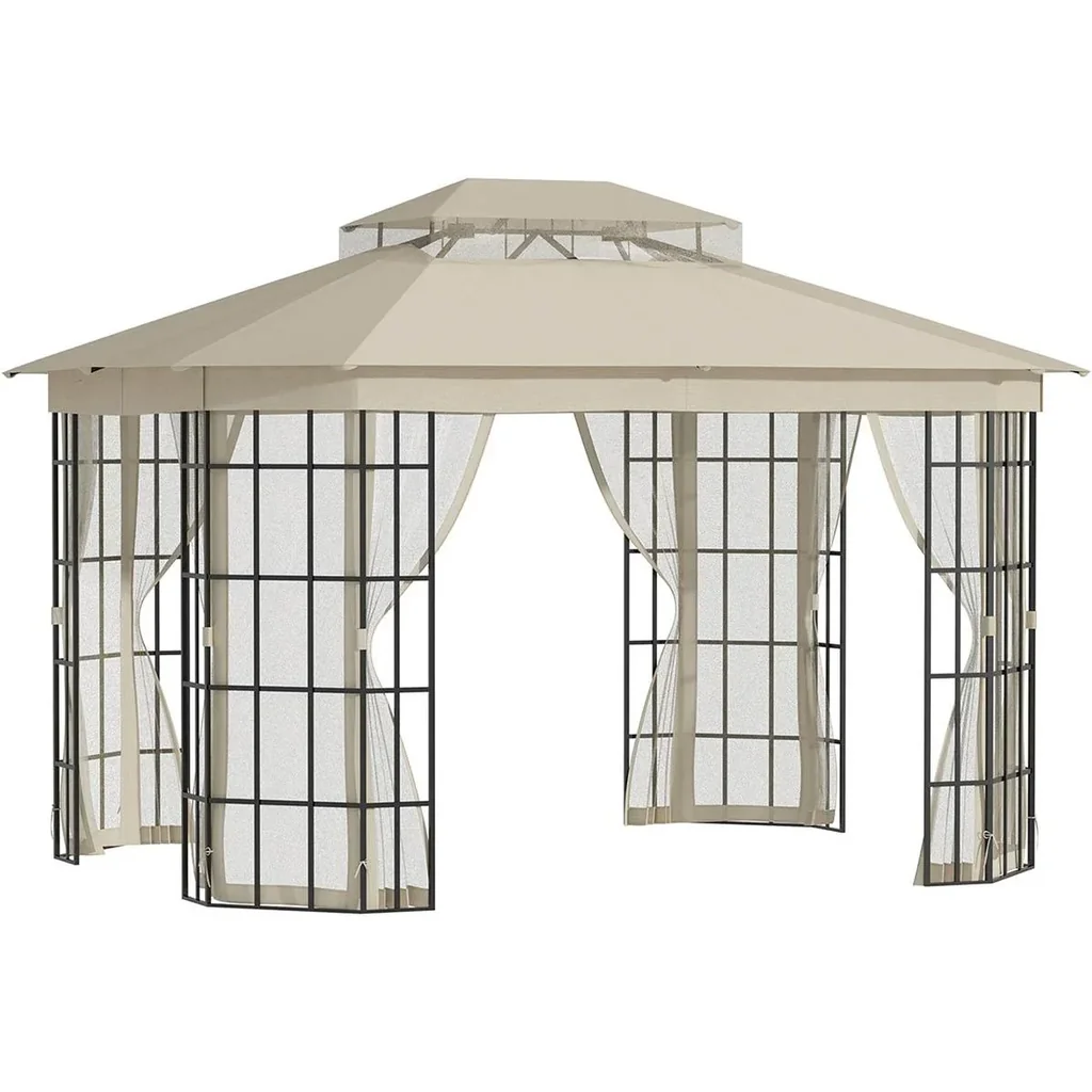 Gartenpavillon 3,65 x 3 m Partyzelt mit 4 x Moskitonetz Atmungsaktives Doppeldach Metall Polyester Schwarz+Beige