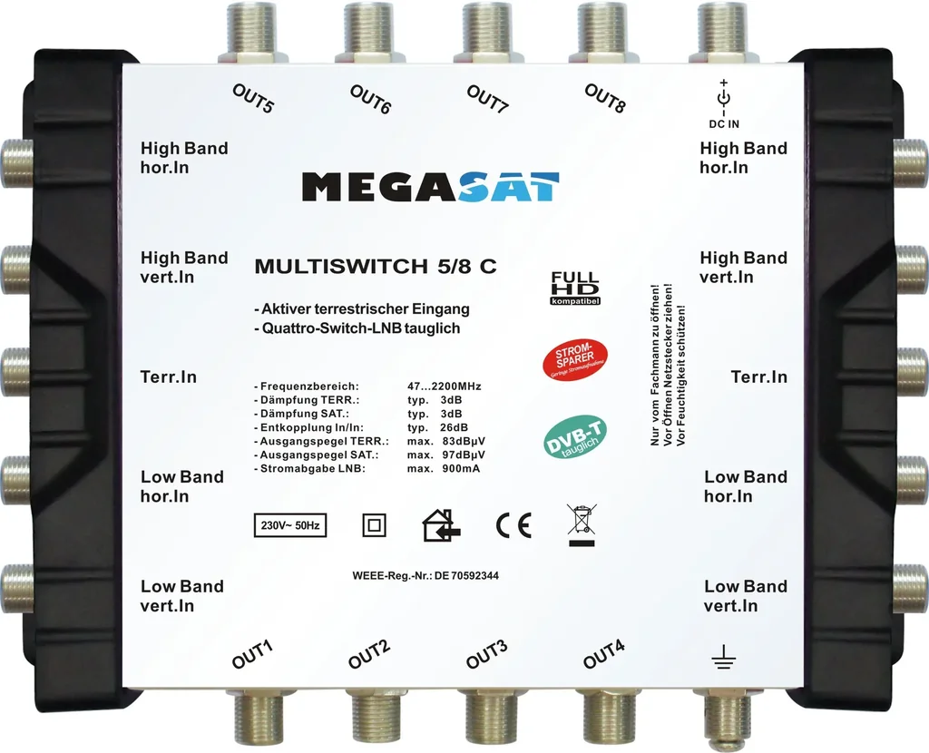 Multischalter 9/8 C - Erweiterbares System. Geeignet für 2 Satelliten bis zu 8 Teilnehmer pro Multischalter