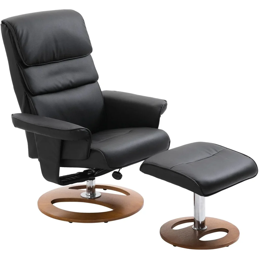 Relaxsessel mit Hocker Fernsehsessel 360° drehbar 120° neigbar PU-Bezug Holzfuß Schwarz 81 x 76 x 103 cm