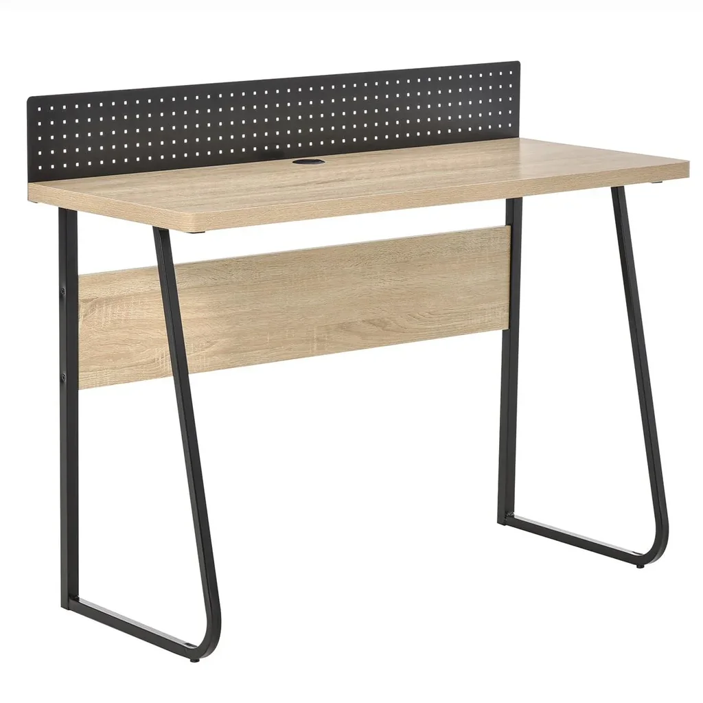 Schreibtisch Bürotisch Computertisch mit Stecktafel Kabelmanagement-Loch für Zettel Pendant Spanplatte Metall Naturholz+