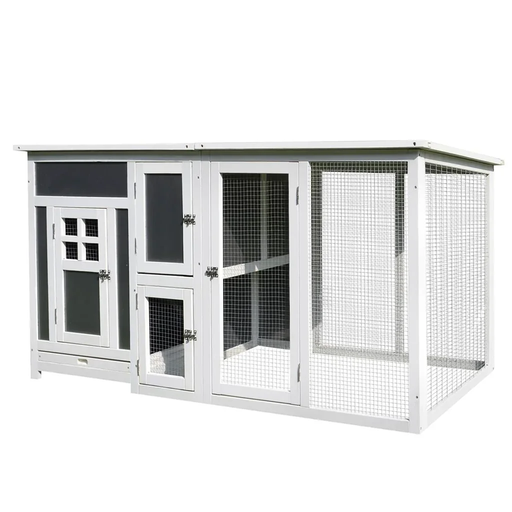 Hühnerstall Hühnerhaus Geeignet für 2-4 Hühner, mit Nistkasten Eierkiste mit 2 Fächern, Tanne, Grau+Weiß, 160 x 75 x 80