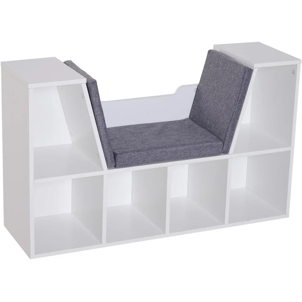 Bücherschrank Bücherregal mit Sitzkissen Standregal Regal mit Sitzbank Holz Leinen Weiß 102 x 30 x 61cm