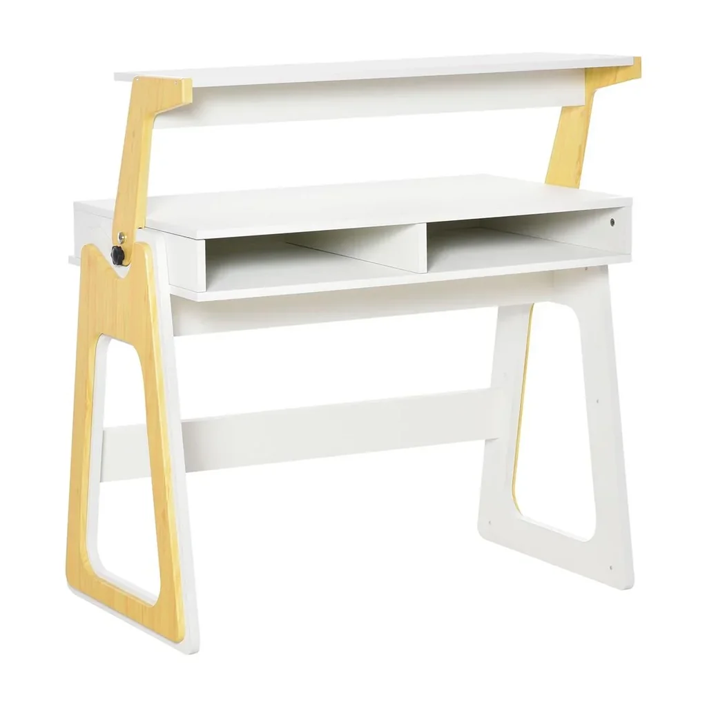 Schreibtisch Stehpult und Sitzpult mit verstellbarem Regal Bürotisch mit 2 Fächer Home-Office helles Kiefer beige Weiß 9