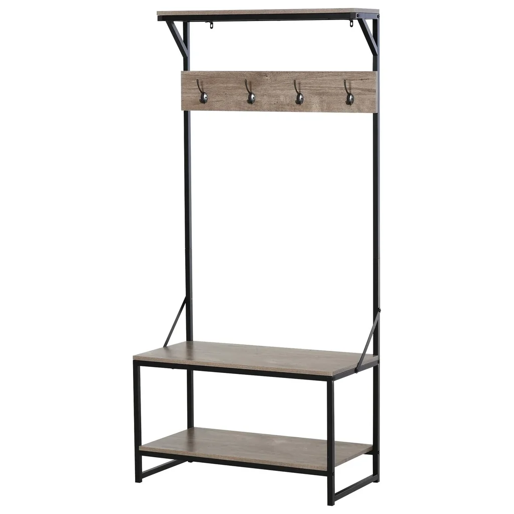 Garderobe mit 4 Haken und Schuhablage, natur