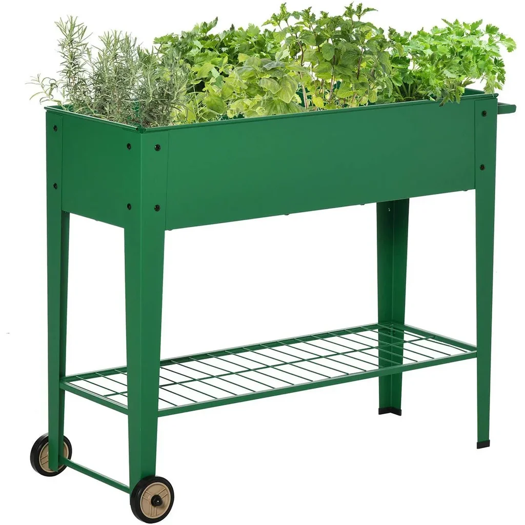 Grüner Metall-Pflanzkübel mit Rädern und Regal 104 x 39 x 80 cm