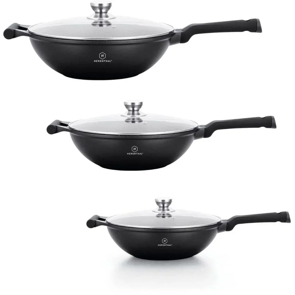 Herenthal 3 teiliges Pfannenset - Wokpfannen - 28cm, 30cm, 32cm - Marmorbeschichtung - Mit Deckel