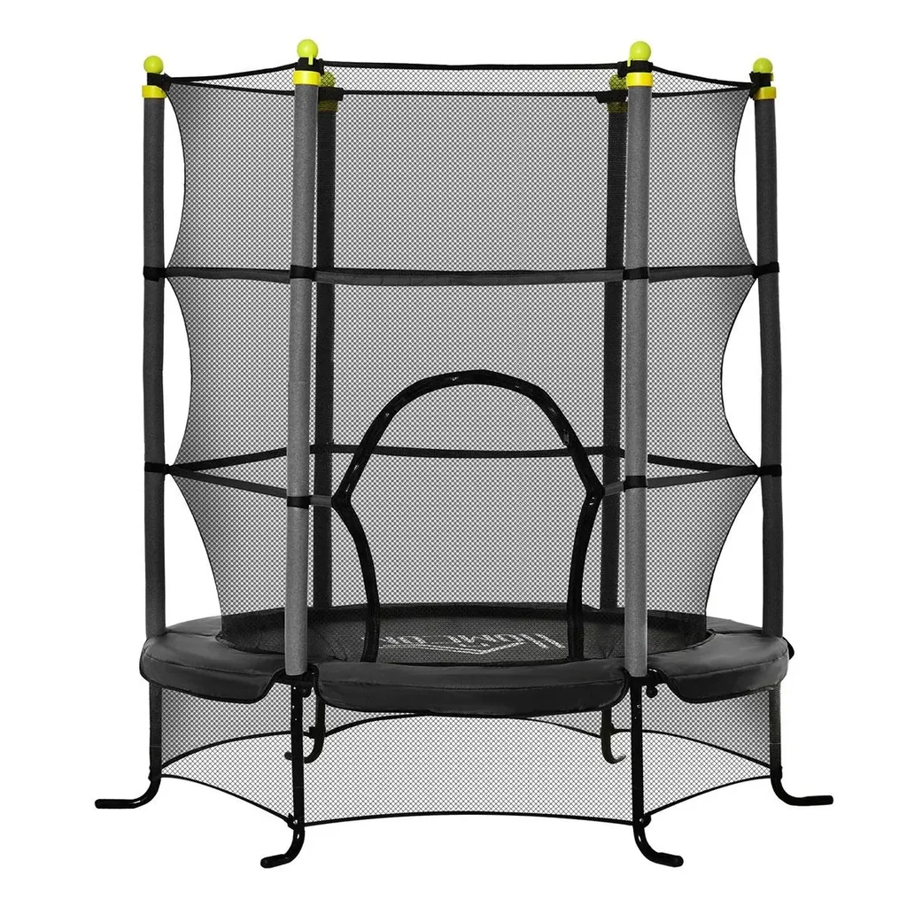 Trampolin für Kinder mit Sicherheitsnetz Randabdeckung Gummiseil gepolstert Stahl Schwarz Ø163 cm bis 45 kg